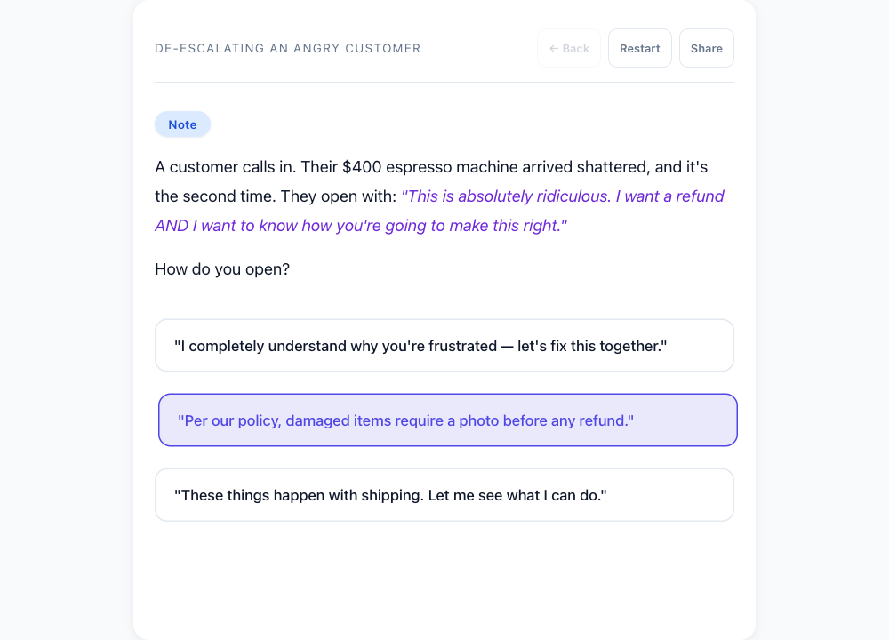 A learner playing a scenario: a situation with decision options and consequence feedback after each choice